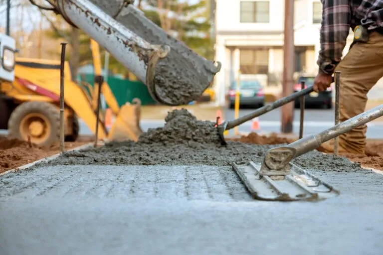 Concrete being poured from a truck onto a sidewalk