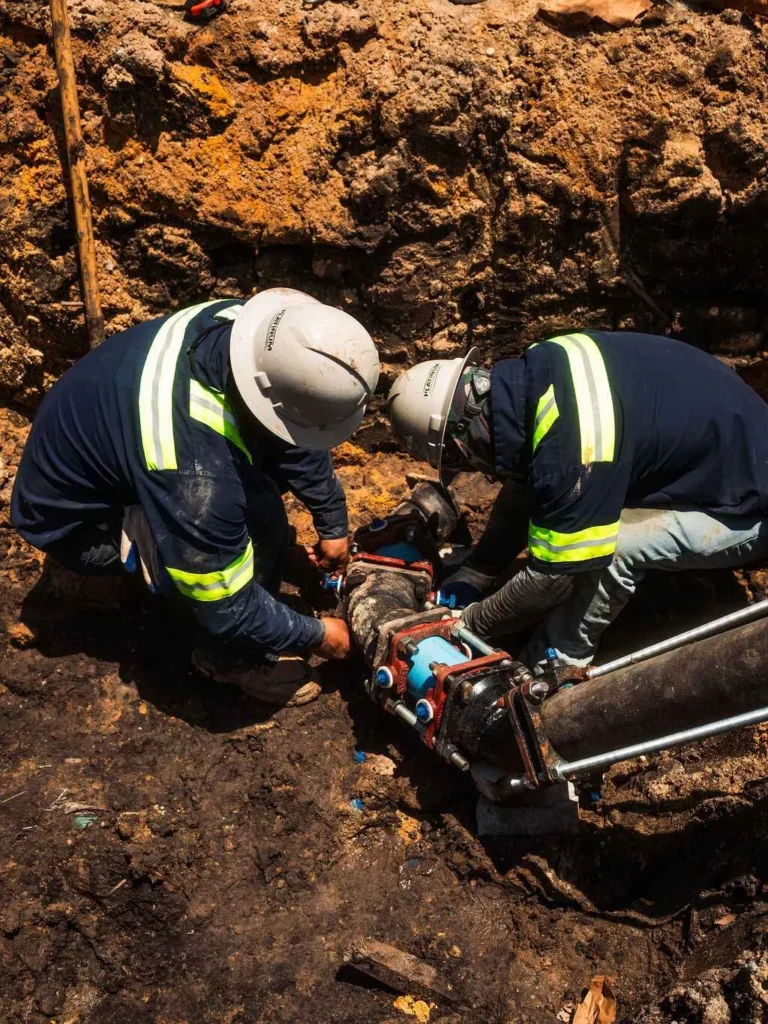 Two Platinum Paving workers work on drainage systems.